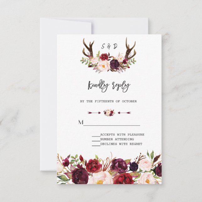 Charm Burgundy Floral Antlers Manuscrito RSVP (Frente)
