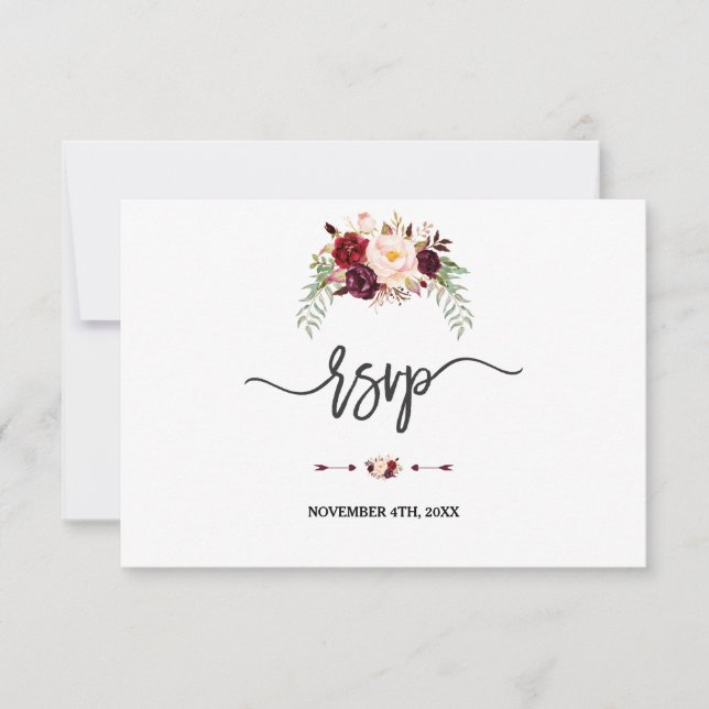 Charm Burgundy Red Marsala Floral Handwrite RSVP (Frente)