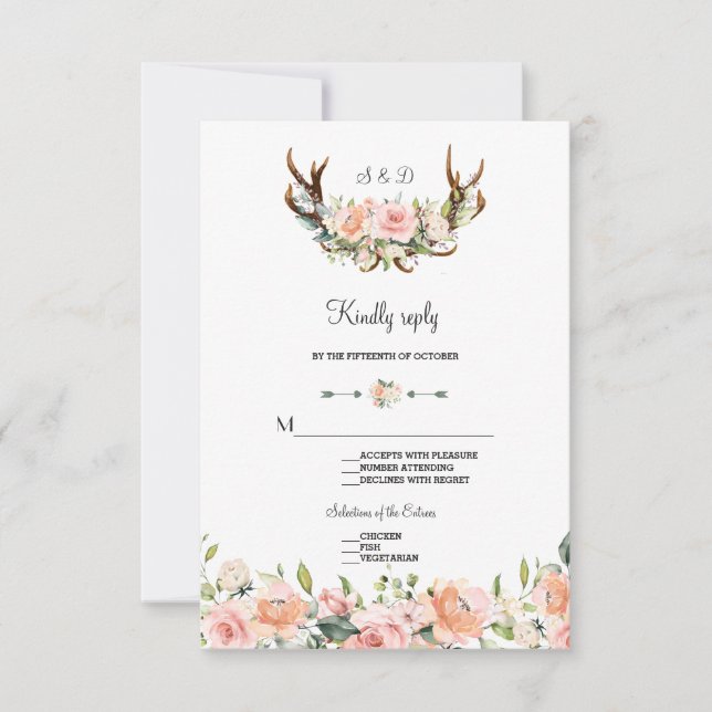 Charm Pink Blush Floral Antlers Casando RSVP (Frente)