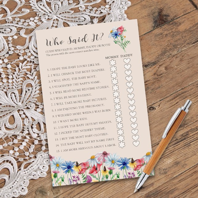 Charme De Flor Selvagem Que Disse O Jogo Do Chá (Who Said It? Mommy or Daddy Baby Shower game from Wildflower Charm collection by Darling & May)