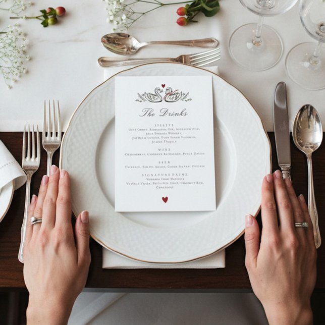 Charming Swan Pair Love Wedding drinks Menu Card (Criador carregado)