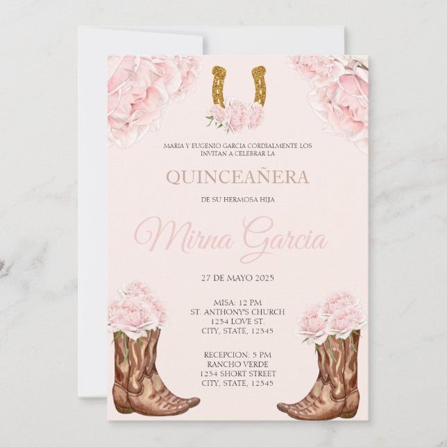 Charra Ocidental Rosa Themed Quinceanera Convite (Frente)