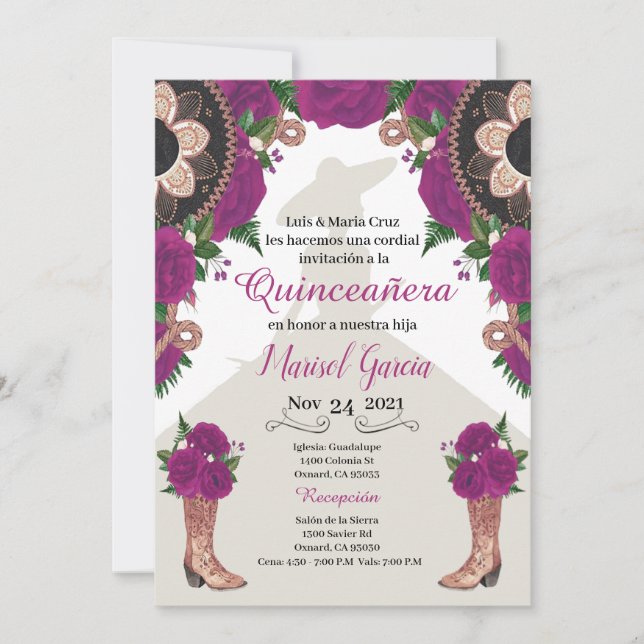 Charra Quinceanera Invitation, Purple Mariachi (Frente)