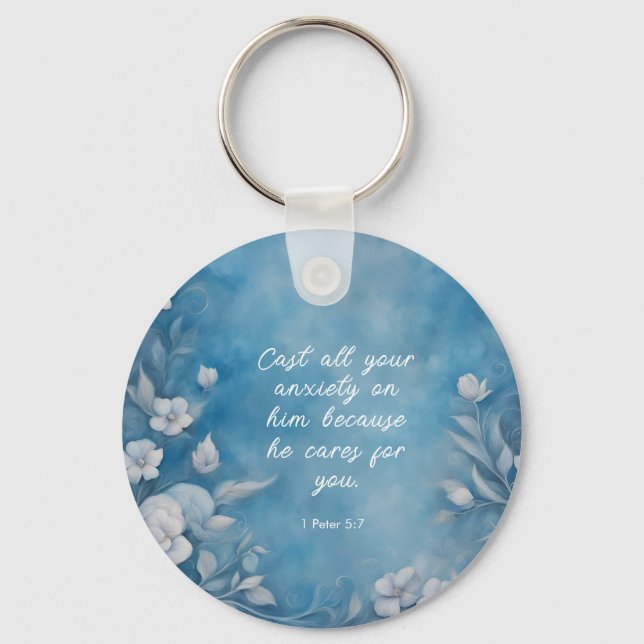 Chaveiro 1 Peter 5:7 “Cast All Your Anxiety” Blue Floral (Frente)