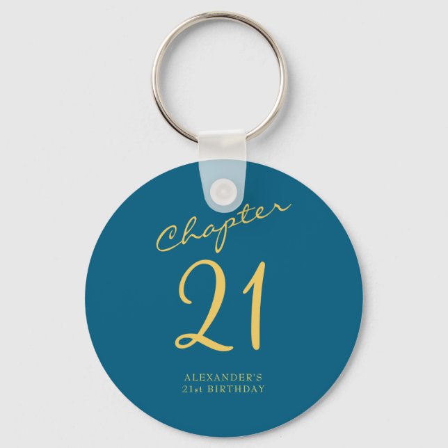 Chaveiro 21st Birthday Party Gold Script Blue  (Frente)