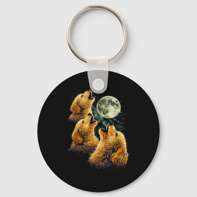 Chaveiro 3 cães golden doodle uivando lua engraçada fofa (Frente)