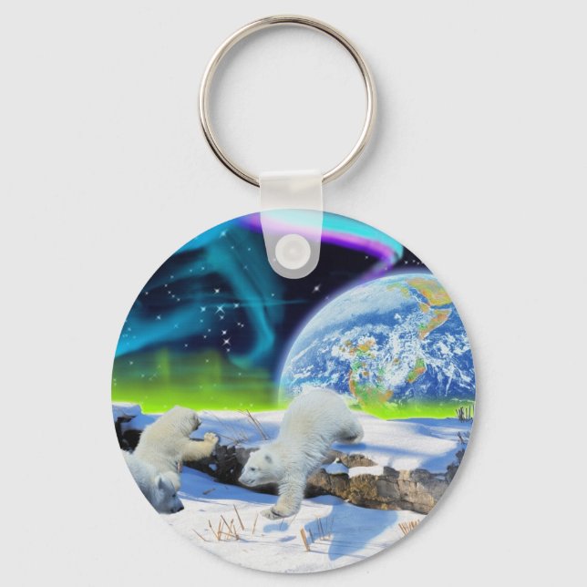 Chaveiro 3 Ursos Polares Jogando Neve - Arte do Dia da Terr (Frente)