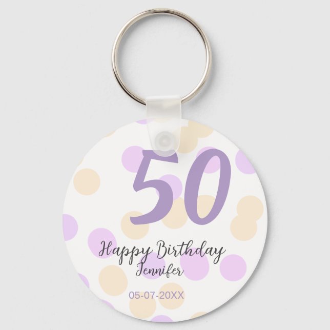 Chaveiro 50th birthday add name date purple orange polkadot (Frente)