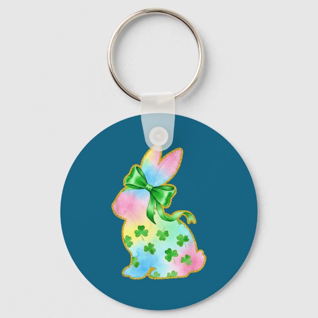 Chaveiro A Rainbow Rabbit With Green Bow And Shamrock St Pa (Frente)