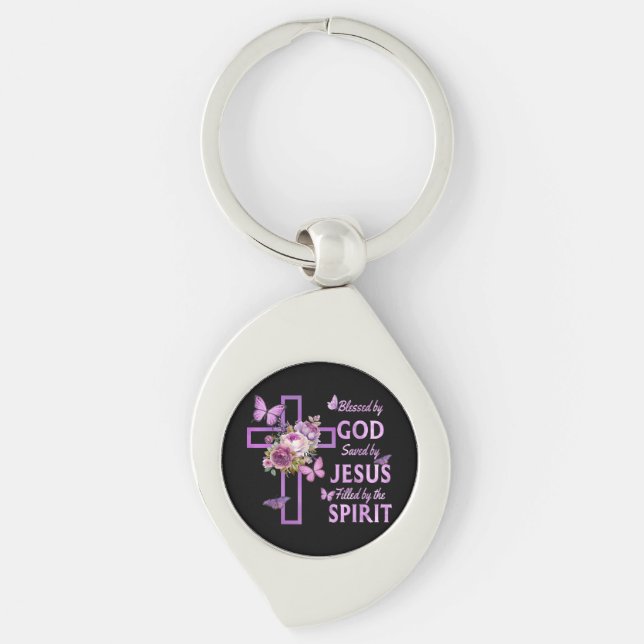 Chaveiro Abençoado por Deus Salvo pela Cruz Floral Purple d (Frente)