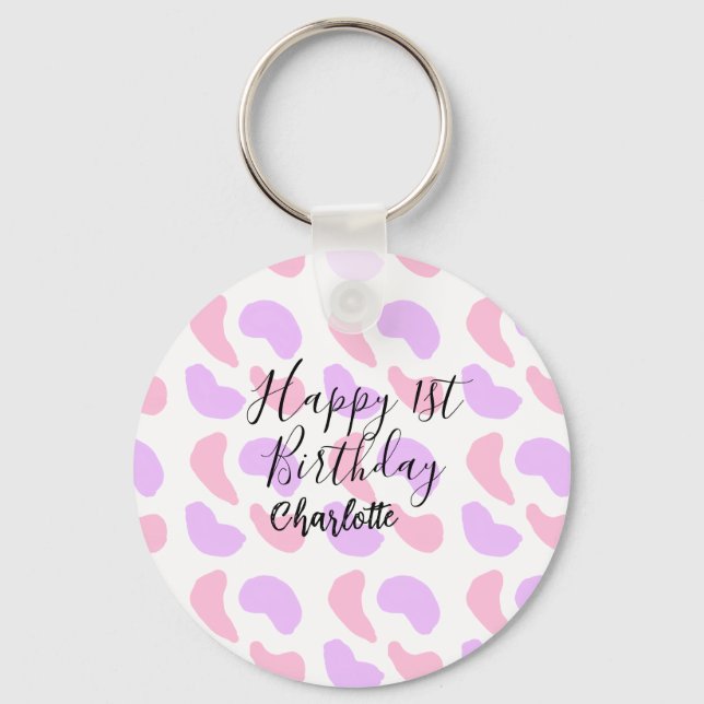 Chaveiro Abstratos roxos cor-de-rosa moldam primeiro aniver (Frente)