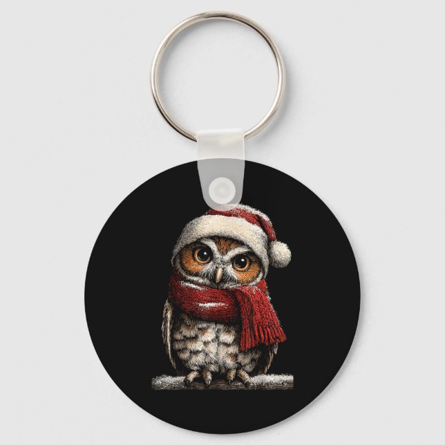 Chaveiro Adorable Owl With Santa Hat Snowy Winter Christmas (Frente)
