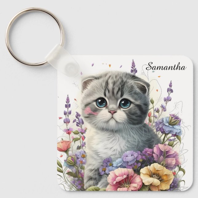 Chaveiro Adorable Watercolor Scottish Fold Kitten (Frente)