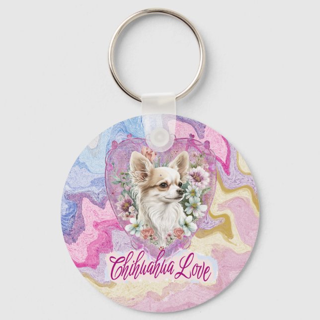 Chaveiro Adorável Chihuahua com tema rosa-flores (Frente)
