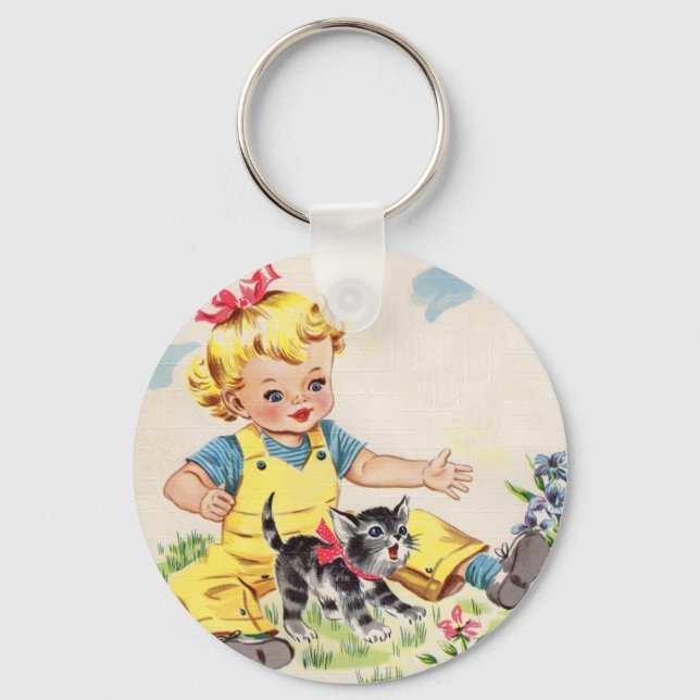 Chaveiro adorável garotinha com adorável gatinha (Frente)