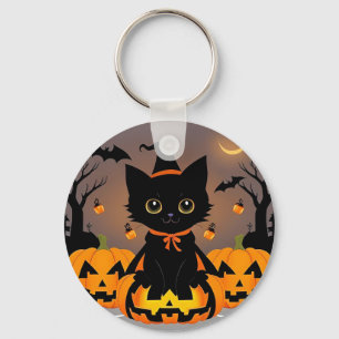 Chaveiro Adorável gatinho preto em chapéu de bruxa