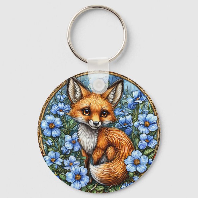 Chaveiro 🦊 Adorável Raposa Bloom Glow 💙 Vibrante Floral A (Frente)
