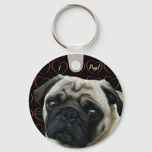 Chaveiro Adoro Pugs com Corações (Frente)