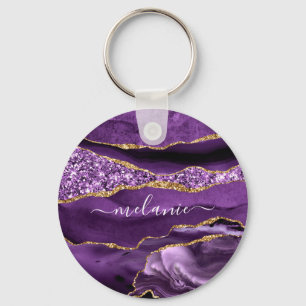 Chaveiro Agate Purple Dourado Glitter Nome Personalizado Ch