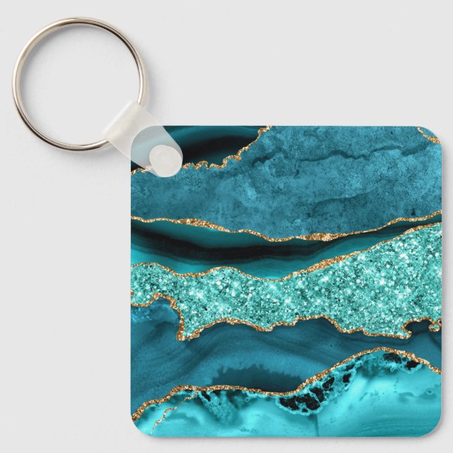 Chaveiro Agate Teal Blue Glitter Marble Aqua Turquoise (Frente)