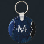 Chaveiro Agato de mármore marinho azul e prata<br><div class="desc">Este chaveiro apresenta um elegante e glamouroso fundo mármico agamado com detalhes geométricos de gemstone e sotaques falso de brilho prateado. O monograma combina o guião manuscrito e as fontes sans serif modernas para um aspecto elegante e sofisticado. Isso fará o presente ideal, pois ele pode ser personalizado com um...</div>