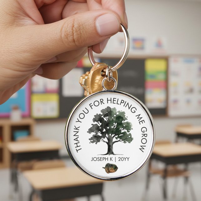 Chaveiro Agradecendo ao Professor de Carvalho Oak Tree (Personalized keychain with oak tree and "thank you for helping me grow" message by Darling & May)