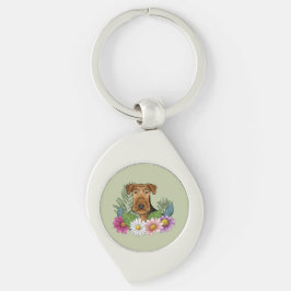 Chaveiro Airedale Terrier E Coloridas Flores De Verão Verde