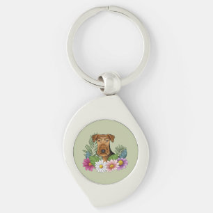 Chaveiro Airedale Terrier E Coloridas Flores De Verão Verde