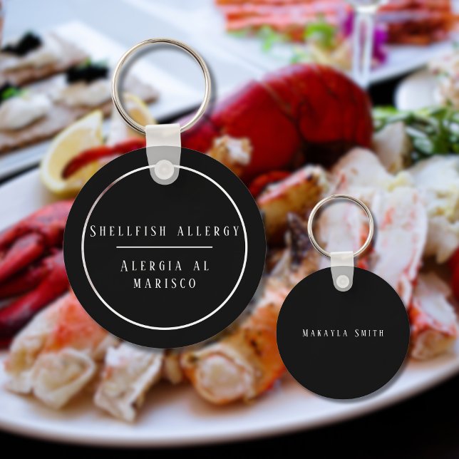 Chaveiro Alergia Bilíngue Preta e Branca a Peixe-Maravilha (Bilingual Shellfish allergy warning keychain, custom text, Spanish. Multilingual Project)