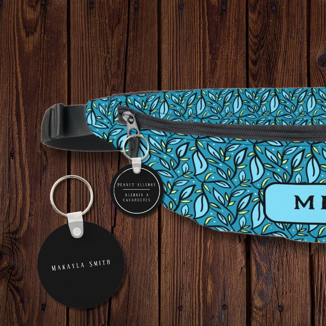 Chaveiro Alerta de Alergia Bilíngue a Preto e Branco (Bilingual Peanut allergy warning keychain. custom text & name. Multilingual Project)