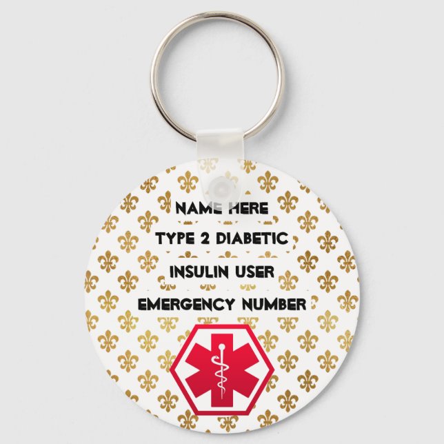 Chaveiro Alerta para diabéticos Personalizado Tipo 1 ou 2 (Frente)