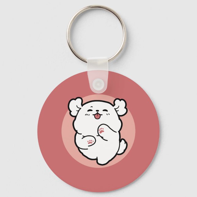 Chaveiro Alô! - Design de Cartoon Feliz de Cachorro Branco (Frente)