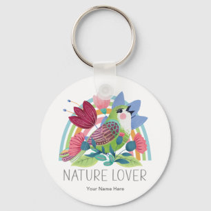 Chaveiro Amante da Natureza Aquarela Pássaro Flores Arco-ír