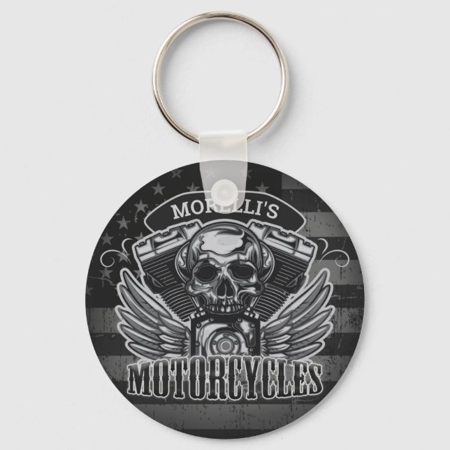 Chaveiro American Biker ADD NAME Skull V-Twin Motocicletas (Frente)