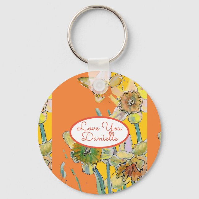 Chaveiro Amo Você Nome Yellow Daffodil Watercolor Key Ring (Frente)