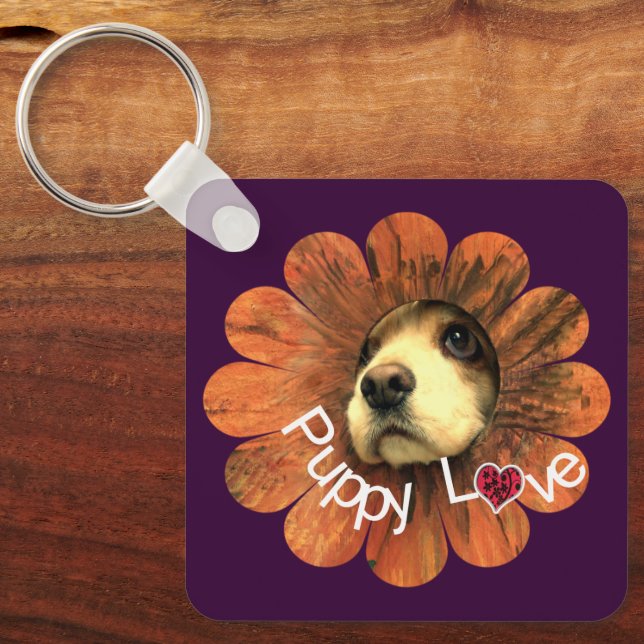 Chaveiro Amor de Cachorrinho Espiando de uma Flor (Frente)