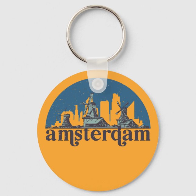 Chaveiro Amsterdam Netherlands Vintage City Skyline (Frente)