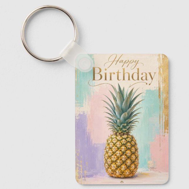 Chaveiro Ananás Dourado Aniversário Tropical (Frente)
