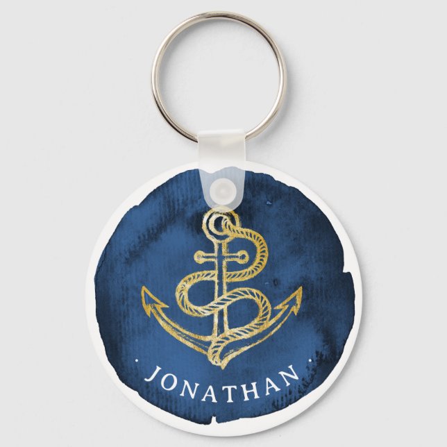 Chaveiro Âncora de Aquarela Elegante Nome Náutico Marinho A (Frente)