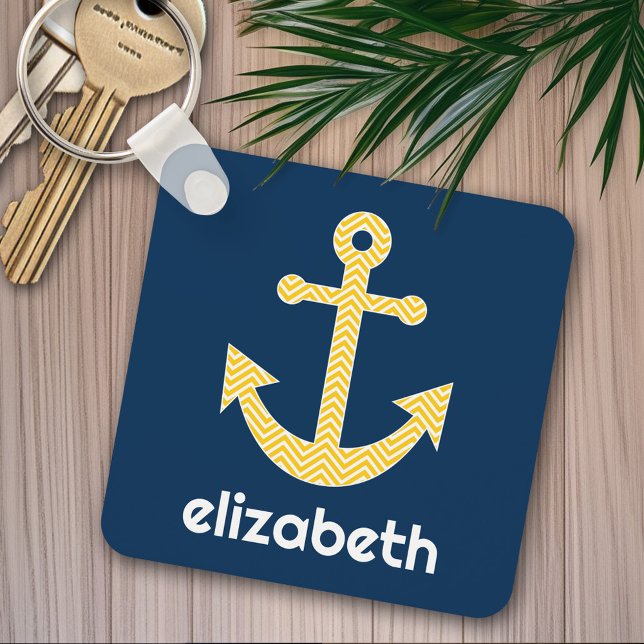 Chaveiro Âncora Náutica com Padrão de Cevão Amarelo Marinho (Personalized keychain - cute nautical anchor)