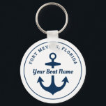 Chaveiro Âncora Personalizada do Nome do Barco do Marinho B<br><div class="desc">Design de chaveiro náutico redondo apresenta um design simples,  branco na moda e azul marinho,  estilo costeiro,  com sotaque de âncora de barco. Personalize o texto personalizado com o nome do seu barco e a sua localidade e estado.</div>
