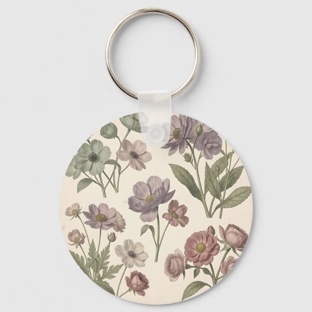 Chaveiro Anêmonas Rosas Botânicas Pastel Vintage Suave (Frente)
