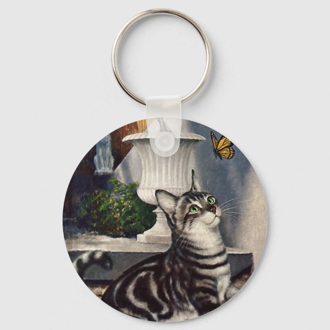 Chaveiro Animais Antigos, Gato Tabby Fofo e Borboleta (Frente)