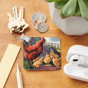 Chaveiro Animais Vintage, Frango com Pintinhos de Bebê na F