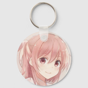 Chaveiro Anime de cabelo rosa sorridente manga de olhos ros