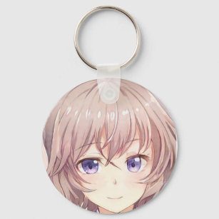 Personagem de anime de cabelo castanho está sorrindo