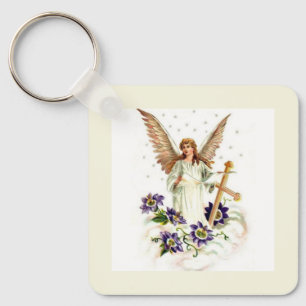 Chaveiro Anjo Com Cruz E Flores De Clematite 