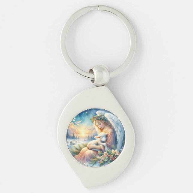 Chaveiro Anjo de Natal com Cordeiro em Paz Invernal (Frente)