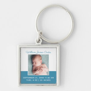 Chaveiro Anúncio de Nascimento Elegante Foto Azul do Baby B