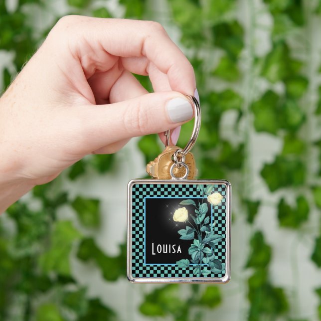 Chaveiro Aqua Checkerboard Floral Personalizada (Mão)